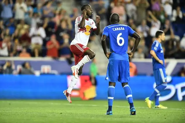 Bradley Wright-Phillips celebrates after scoring; his two goals gave him the club's single season scoring record.